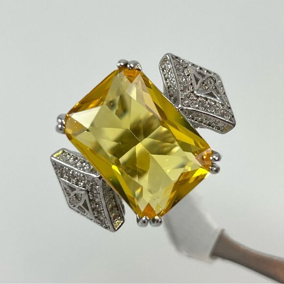 Beautiful Radiant Cut Canary Yellow Diamond CZ Silver Plated Statement Ring